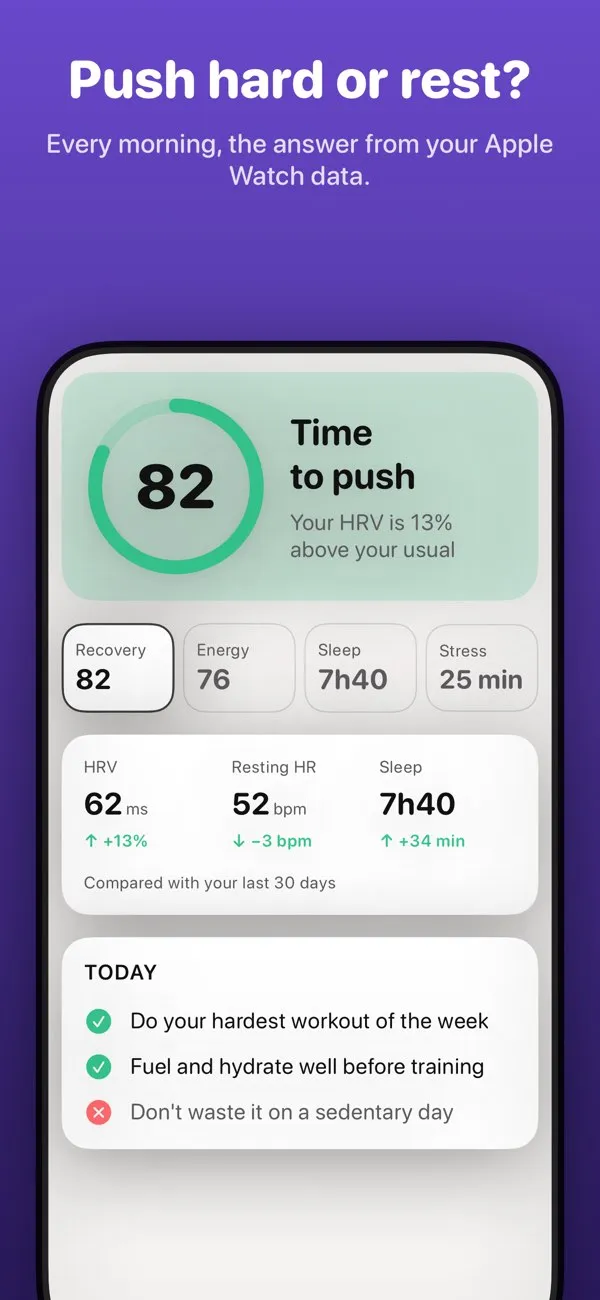 Balanzia app screen: a recovery score of 82 with the message Time to push, and HRV, resting heart rate and sleep compared with the last 30 days.