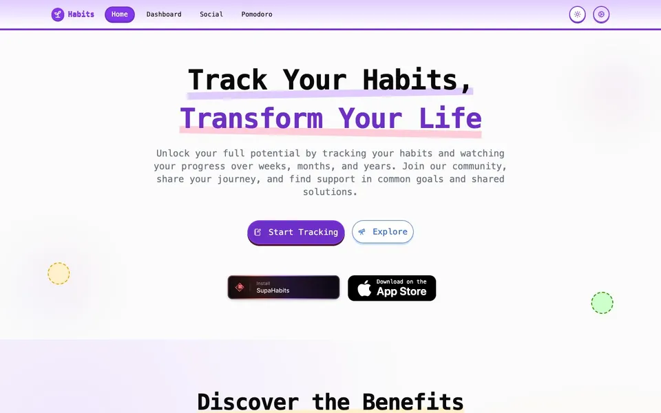 Home page of SupaHabits with the headline Track Your Habits, Transform Your Life, and a purple Start Tracking button.