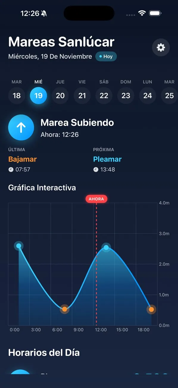 Mareas Sanlúcar app screen: a rising tide indicator, the next high tide at 13:48 and an interactive tide chart for the day.