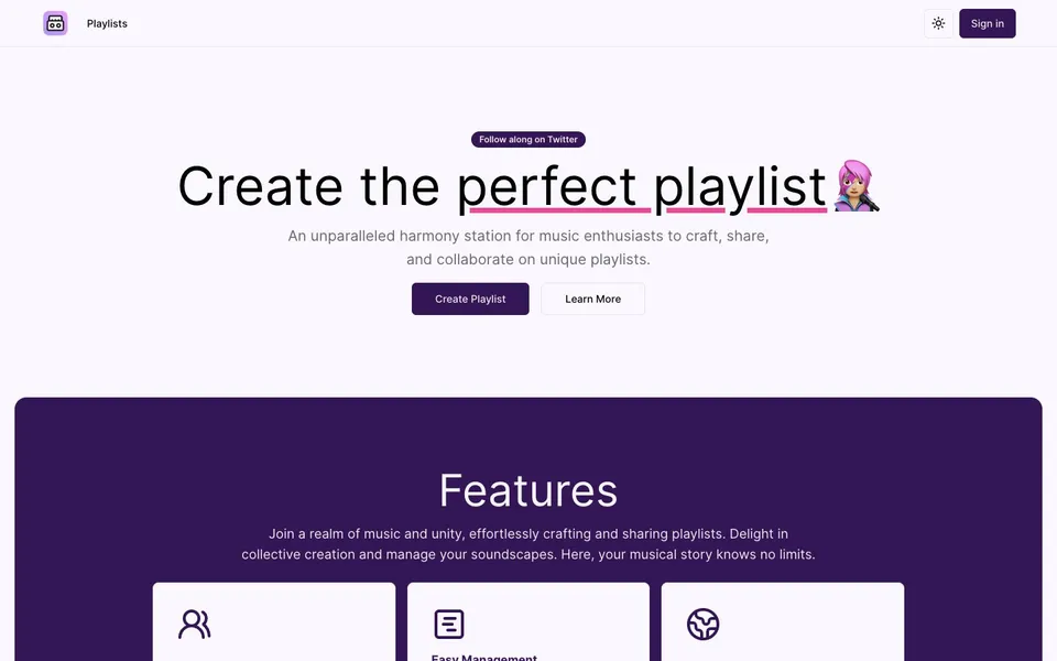 Home page of SharePlaylist with the headline Create the perfect playlist and two buttons, Create Playlist and Learn More.