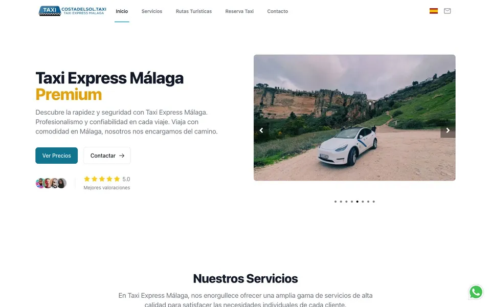 Home page of Costa del Sol Taxi: a white taxi parked on a hillside track below a cliff-top town, under the headline Taxi Express Málaga Premium.